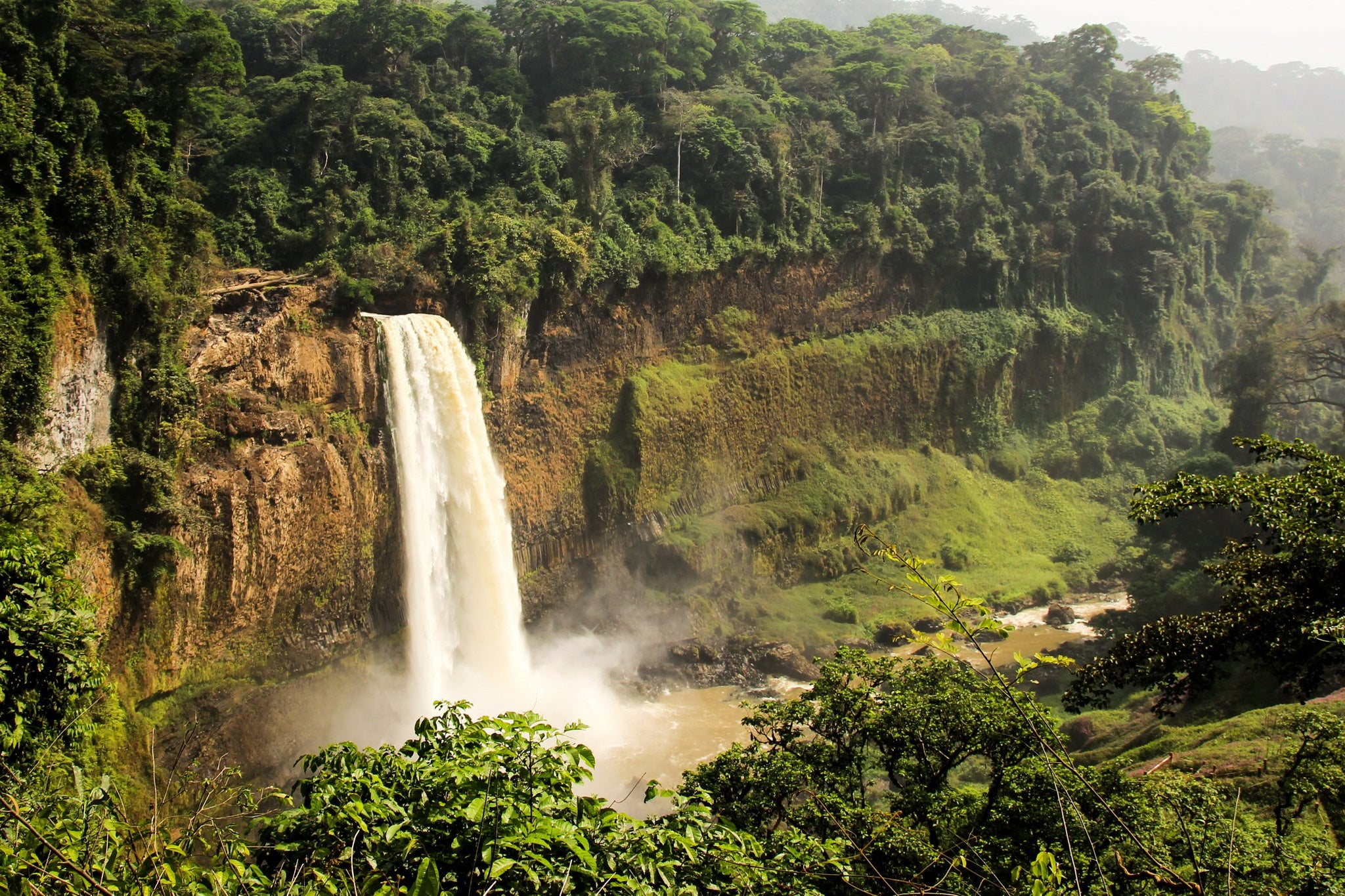 A powerful waterfall cascades over a cliff surrounded by lush, dense rainforest. Mist rises from the base, with vibrant greenery and a serene atmosphere.