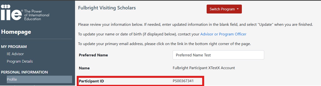 A capture of webpage with a red box highlighting the location of the PSID in the participant portal.
