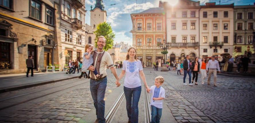 Jonathan White with wife and children in Lviv, Ukraine
