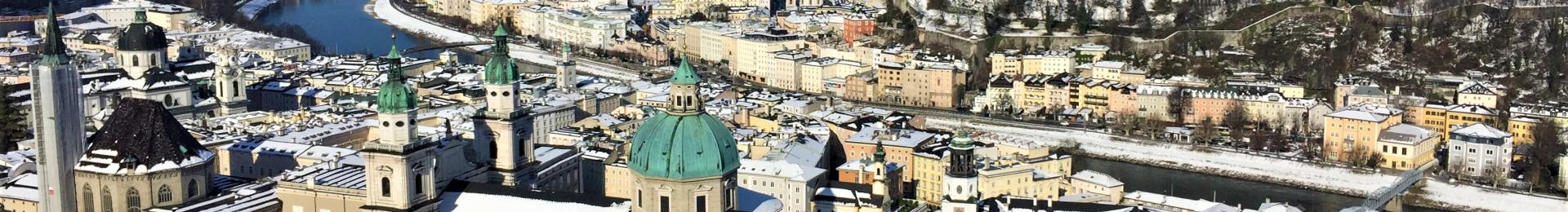 View of snowy Salzburg from the Mönchsberg.
